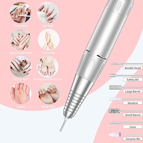 Portable Nail Drill Professional 35000 RPM, Rechargeable Electric Nail File Machine E File for Acrylic Nails Gel Polishing Removing, Cordless Efile with Bits Kit for Manicure Salon Home, Pink