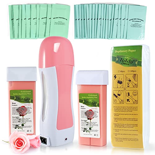 Roll On Wax Kit for Hair Removal, Rose Soft Wax Roller Kit for Women Men Waxing with 100 Wax Strips + 10 Pre Clean Wipes and 20 After Oil Bag, Depilatory Wax Warmer for Sensitive Skin at Home