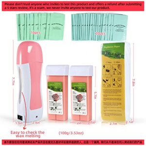 Roll On Wax Kit for Hair Removal, Rose Soft Wax Roller Kit for Women Men Waxing with 100 Wax Strips + 10 Pre Clean Wipes and 20 After Oil Bag, Depilatory Wax Warmer for Sensitive Skin at Home