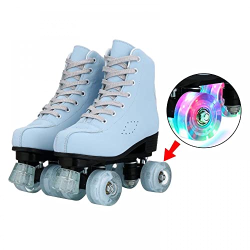 Roller Skates for Women, Shiny High-top PU Leather Roller Skates, Four Wheels Pure Sky-Blue Roller Skates for Girls Beginner Indoor Outdoor (41)