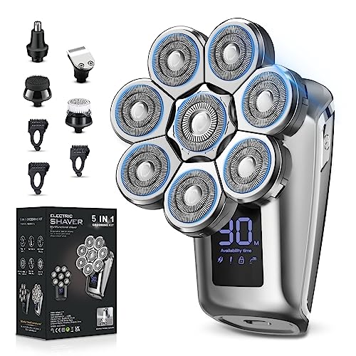 8D Electric Head Shaver for Bald Men, Upgrade 6-in-1 Floating Head Shaver for Mens, Waterproof Wet/Dry Grooming Kit(Silver)