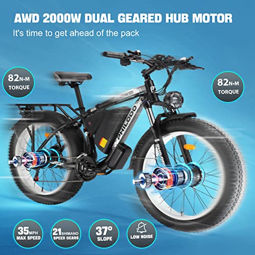 PHILODO Electric Bike for Adults, 48V 22Ah Fat Tire Ebike Dual Motor AWD 2 * 1000W 35MPH Electric Bicycles 21-Speed with Ignition Lock Hydraulic Disc Brakes