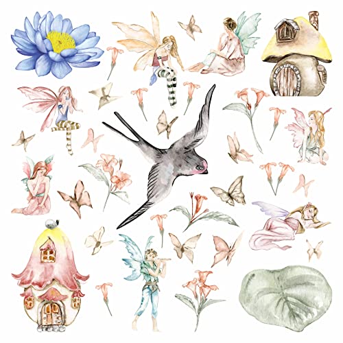 Fairies Rub on Stickers, 6 x 6 inch Sheet - Dry Rub-On/Off Transfers Stickers for Furniture Scrapbooking Crafts Mixed Media Collage Art