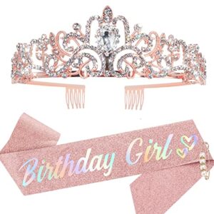 Birthday Crowns for Women, Unique Birthday Girl Sash, Rose Gold Metal Birthday Tiara for Women, Princess Birthday Headband Rhinestone Crown Bday Happy Birthday Party Decorations