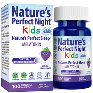 nature's perfect night kids | kids melatonin 1mg | 100 chewable tablets | natural grape flavor | sugar free | vegan | gluten free | drug free | value size