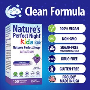 Nature's Perfect Night Kids | Kids Melatonin 1mg | 100 Chewable Tablets | Natural Grape Flavor | Sugar Free | Vegan | Gluten Free | Drug Free | Value Size