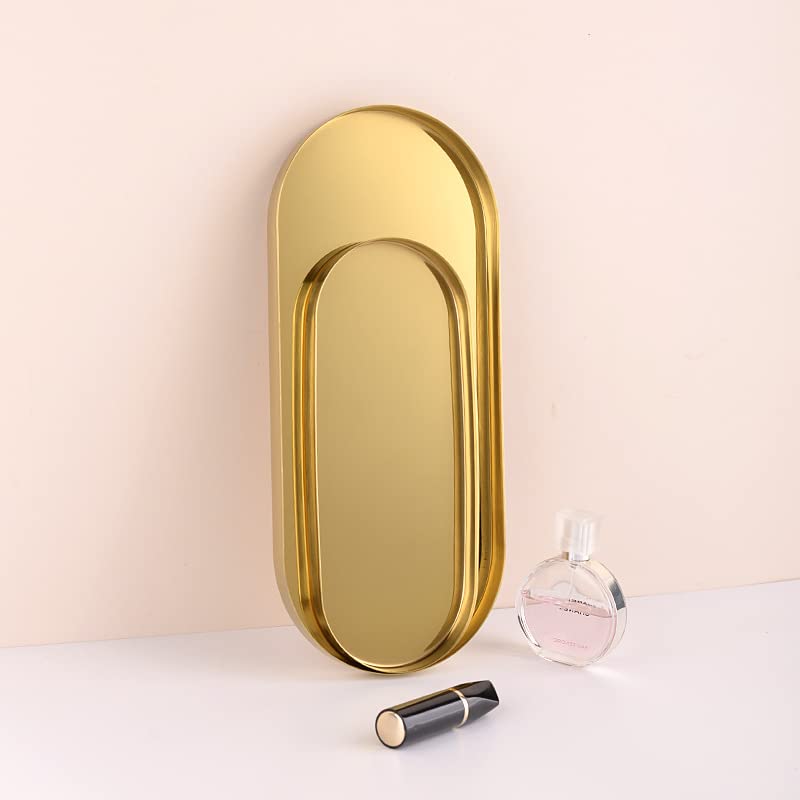 FREELOVE Mirror Gold Metal Decorative Tray, Towel Trays Perfume Makeup Organizer Jewelry Holder Organization for Vanity Dresser Coffee Table Counter Bathroom Kitchen Desk Home Decor, Oval 3.7''X9''