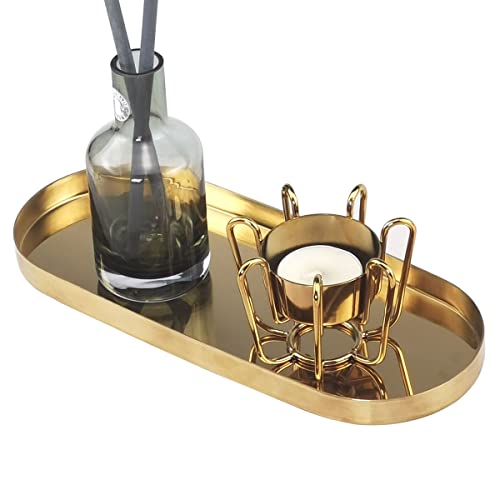 FREELOVE Mirror Gold Metal Decorative Tray, Towel Trays Perfume Makeup Organizer Jewelry Holder Organization for Vanity Dresser Coffee Table Counter Bathroom Kitchen Desk Home Decor, Oval 3.7''X9''