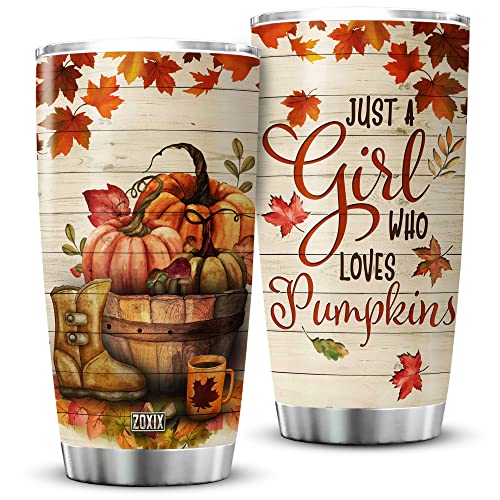 ZOXIX Just A Girl Who Loves Pumpkin Tumbler With Lid 20oz Vintage Autumn Coffee Mug Stainless Steel Cup Fall Leaves Pumpkin Themed Gifts For Women Halloween Farm Girl Tumblers