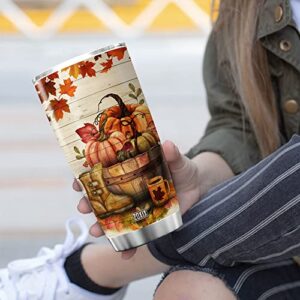 ZOXIX Just A Girl Who Loves Pumpkin Tumbler With Lid 20oz Vintage Autumn Coffee Mug Stainless Steel Cup Fall Leaves Pumpkin Themed Gifts For Women Halloween Farm Girl Tumblers