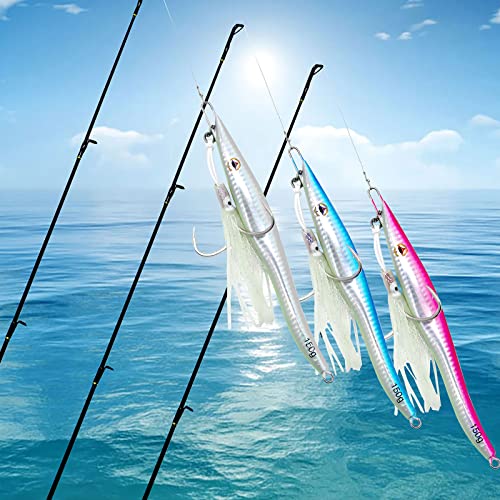 HNYY Glow Lead Jigs Artificial Jigs Metal Jigs Saltwater Jigs 150g 3pcs with Assist Hooks & Split Rings & Jig Skirt & Tackle Storage Box