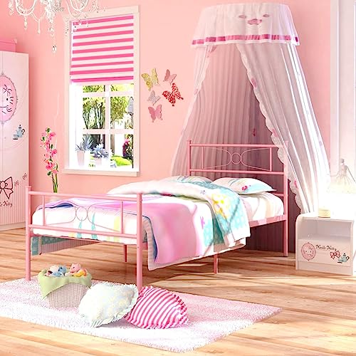 GIME Pink Bed Frames Twin for Girls Single Metal Beds with headboard for Kids No Box Spring Needed(Updated Version) (Leslie)