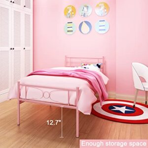 GIME Pink Bed Frames Twin for Girls Single Metal Beds with headboard for Kids No Box Spring Needed(Updated Version) (Leslie)