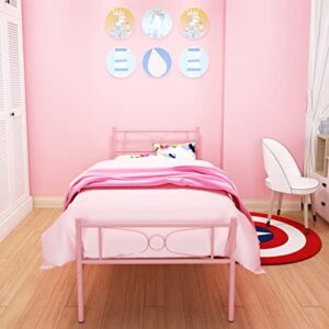 GIME Pink Bed Frames Twin for Girls Single Metal Beds with headboard for Kids No Box Spring Needed(Updated Version) (Leslie)