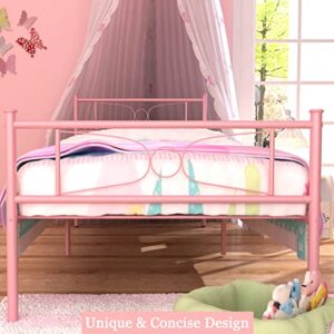 GIME Pink Bed Frames Twin for Girls Single Metal Beds with headboard for Kids No Box Spring Needed(Updated Version) (Leslie)