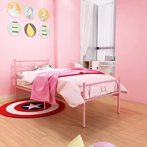 GIME Pink Bed Frames Twin for Girls Single Metal Beds with headboard for Kids No Box Spring Needed(Updated Version) (Leslie)