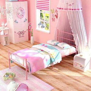 GIME Pink Bed Frames Twin for Girls Single Metal Beds with headboard for Kids No Box Spring Needed(Updated Version) (Leslie)