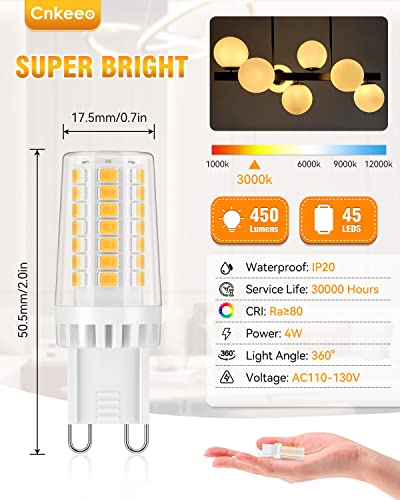 Cnkeeo G9 LED Bulb Warm White 3000K, 4W G9 LED Light Bulbs 40W Halogen Equivalent, 450 Lumen, 360° Beam Angle, Non-Dimmable, No Flicker, 6 Pack Bi-pin G9 Base Bulbs for Chandeliers Home Lighting