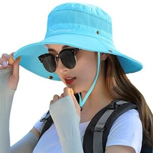 women breathable sun hat beach bucket hat uv protection fishing cap quick-dry mesh boonie hat with drawstring m/l sky blue