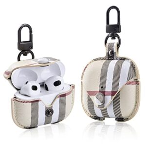 pujuyeka leather luxury case for airpods 3rd generation 2021 with keychain,designer plaid cute airpod charging case cover aesthetic lockable protective air pod skin cover (airpod 3rd gen 2021 beige)