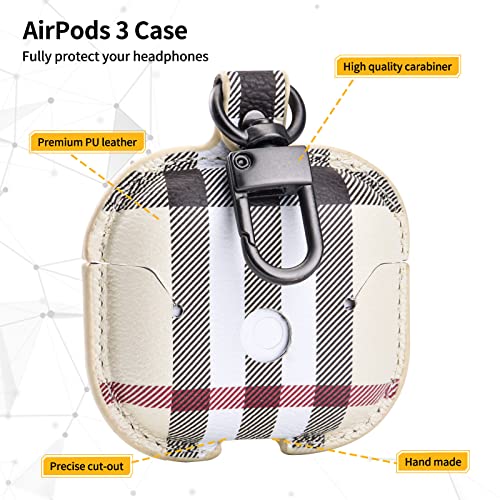 Pujuyeka Leather Luxury Case for AirPods 3rd Generation 2021 with Keychain,Designer Plaid Cute Airpod Charging Case Cover Aesthetic Lockable Protective Air Pod Skin Cover (AirPod 3rd Gen 2021 Beige)