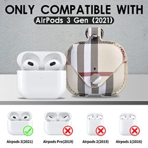 Pujuyeka Leather Luxury Case for AirPods 3rd Generation 2021 with Keychain,Designer Plaid Cute Airpod Charging Case Cover Aesthetic Lockable Protective Air Pod Skin Cover (AirPod 3rd Gen 2021 Beige)