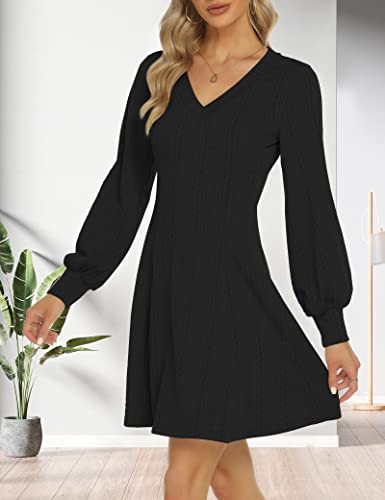 OYANUS Womens V Neck Long Sleeve Sweater Dress Fall Latern Sleeve Knit Flowy Short Mini Skater Dresses Black L