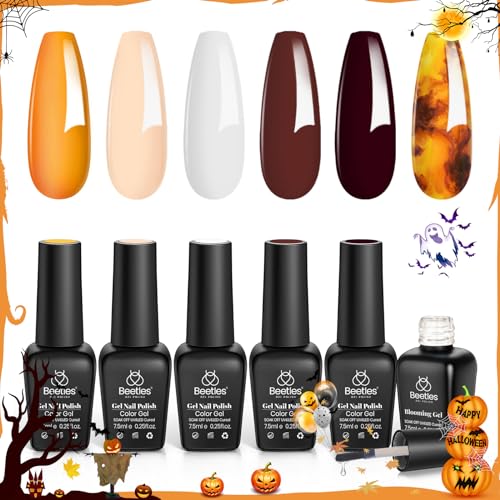 Beetles Gel Nail Polish with Blooming Gel Amber Attraction, 5 Colors Gel Polish White Burgundy Brown Gel Polish 1pcs Clear Blooming Gel Polish Fall Gel Nail Polish Soak Off Uv Nail Gel Nail Art