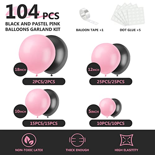 Black and Pink Balloons Garland Kit 104 PCS Pastel Pink and Black Balloon Party Decorations 18In 12 In 10In 5In Black Pink Balloons for Wedding Bridal Shower Anniversary Birthday Party Baby Shower