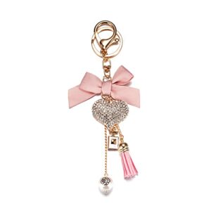 swjewel rhinestone heart keychain for women pink bowknot tassel cute car key ring accessories girl bag charms handbag purse backpack pendant charms (pink)