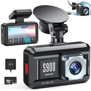 dash cam front 4k and rear 1080p ussunny dual dash camera for cars with 3-inch touchscreen, wdr, night vision, gps, 170°wide angle dashboard camera recorder, support 256gb max