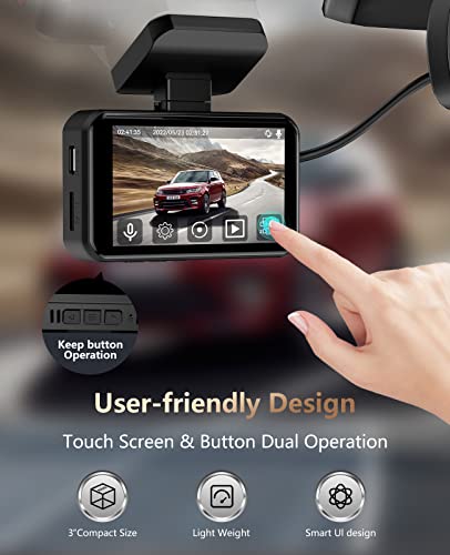 Dash Cam Front 4K and Rear 1080P Ussunny Dual Dash Camera for Cars with 3-inch Touchscreen, WDR, Night Vision, GPS, 170°Wide Angle Dashboard Camera Recorder, Support 256GB Max