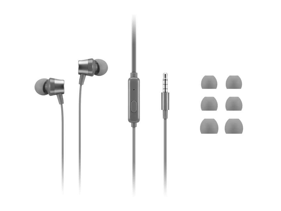 Lenovo - 110 Analog in-Ear Headphones - in-Line Microphone - 3.5mm Connectivity - Play & Pause Button - 3 Sizes of Ear Tips Included,Grey