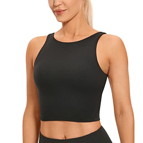 CRZ YOGA Butterluxe Womens High Neck Longline Sports Bra - U Back Padded Crop Workout Tank Top with Built in Bra Black Small