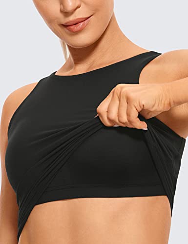 CRZ YOGA Butterluxe Womens High Neck Longline Sports Bra - U Back Padded Crop Workout Tank Top with Built in Bra Black Small