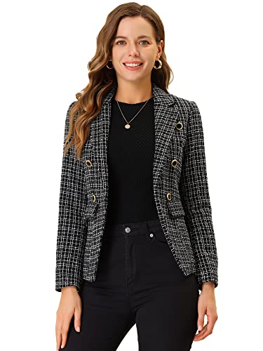 Allegra K Women's Elegant Plaid Jacket Long Sleeve Open Front Tweed Blazer Medium Black