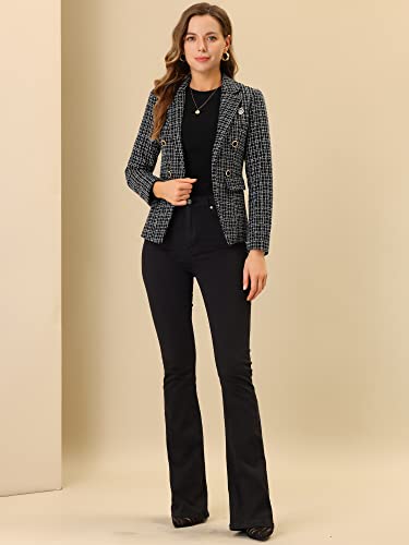 Allegra K Women's Elegant Plaid Jacket Long Sleeve Open Front Tweed Blazer Medium Black