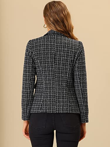 Allegra K Women's Elegant Plaid Jacket Long Sleeve Open Front Tweed Blazer Medium Black