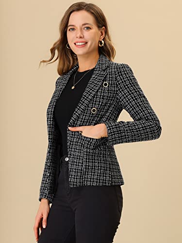Allegra K Women's Elegant Plaid Jacket Long Sleeve Open Front Tweed Blazer Medium Black