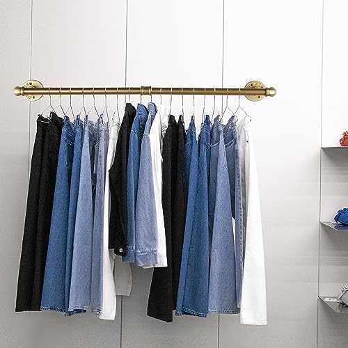 AddGrace 2 Pack Clothes Rack Gold Wall Mounted Industrial Pipe Clothing Rack Heavy Duty Clothes Rack for Hanging Clothes Multi-Purpose Closet Hanging Rack Garment Bar for Wardrobe and Laundry Room