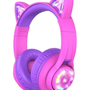 iClever Cat Ear Kids Bluetooth Headphones, LED Lights Up, 74/85/94dB Volume Limited, 50H Playtime,Bluetooth 5.2, USB C,Kids Headphones Wireless Over Ear for Travel iPad Tablet, Meow Macaron-Hot Pink