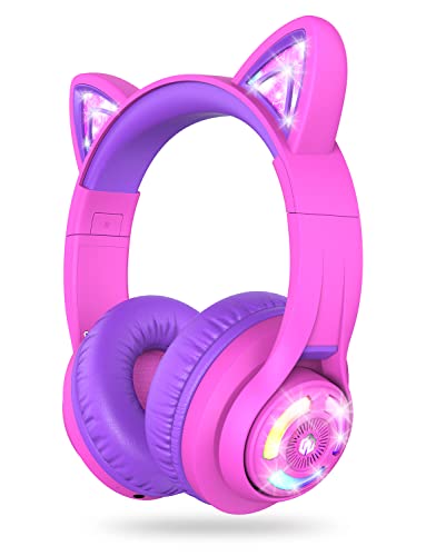 iClever Cat Ear Kids Bluetooth Headphones, LED Lights Up, 74/85/94dB Volume Limited, 50H Playtime,Bluetooth 5.2, USB C,Kids Headphones Wireless Over Ear for Travel iPad Tablet, Meow Macaron-Hot Pink