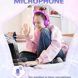 iClever Cat Ear Kids Bluetooth Headphones, LED Lights Up, 74/85/94dB Volume Limited, 50H Playtime,Bluetooth 5.2, USB C,Kids Headphones Wireless Over Ear for Travel iPad Tablet, Meow Macaron-Hot Pink