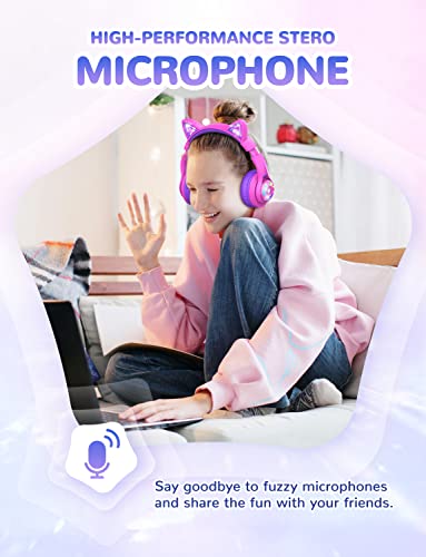 iClever Cat Ear Kids Bluetooth Headphones, LED Lights Up, 74/85/94dB Volume Limited, 50H Playtime,Bluetooth 5.2, USB C,Kids Headphones Wireless Over Ear for Travel iPad Tablet, Meow Macaron-Hot Pink