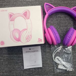 iClever Cat Ear Kids Bluetooth Headphones, LED Lights Up, 74/85/94dB Volume Limited, 50H Playtime,Bluetooth 5.2, USB C,Kids Headphones Wireless Over Ear for Travel iPad Tablet, Meow Macaron-Hot Pink