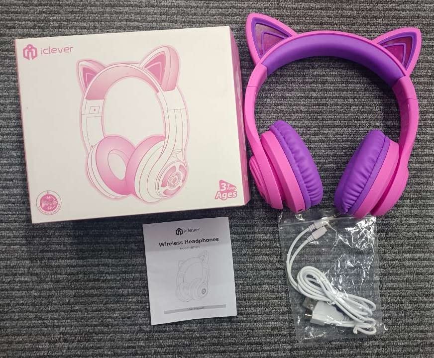 iClever Cat Ear Kids Bluetooth Headphones, LED Lights Up, 74/85/94dB Volume Limited, 50H Playtime,Bluetooth 5.2, USB C,Kids Headphones Wireless Over Ear for Travel iPad Tablet, Meow Macaron-Hot Pink