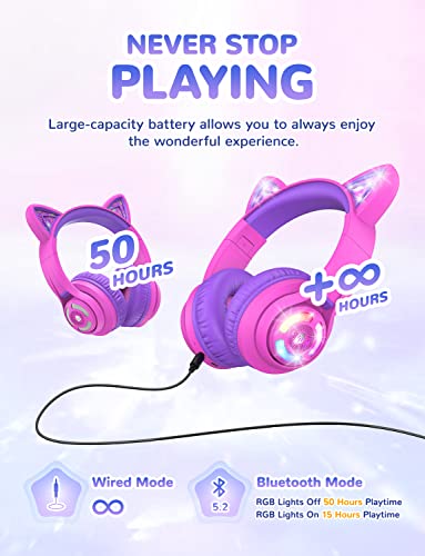 iClever Cat Ear Kids Bluetooth Headphones, LED Lights Up, 74/85/94dB Volume Limited, 50H Playtime,Bluetooth 5.2, USB C,Kids Headphones Wireless Over Ear for Travel iPad Tablet, Meow Macaron-Hot Pink