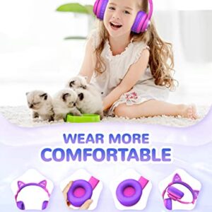 iClever Cat Ear Kids Bluetooth Headphones, LED Lights Up, 74/85/94dB Volume Limited, 50H Playtime,Bluetooth 5.2, USB C,Kids Headphones Wireless Over Ear for Travel iPad Tablet, Meow Macaron-Hot Pink