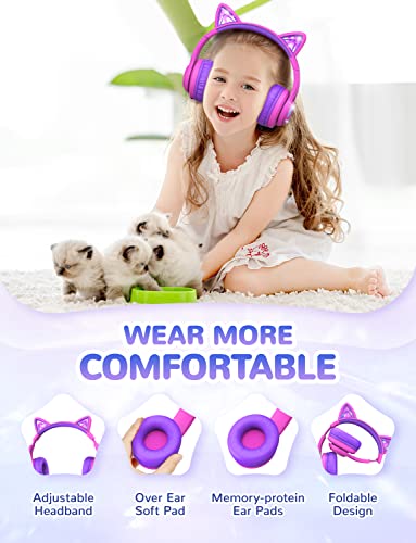 iClever Cat Ear Kids Bluetooth Headphones, LED Lights Up, 74/85/94dB Volume Limited, 50H Playtime,Bluetooth 5.2, USB C,Kids Headphones Wireless Over Ear for Travel iPad Tablet, Meow Macaron-Hot Pink