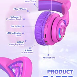 iClever Cat Ear Kids Bluetooth Headphones, LED Lights Up, 74/85/94dB Volume Limited, 50H Playtime,Bluetooth 5.2, USB C,Kids Headphones Wireless Over Ear for Travel iPad Tablet, Meow Macaron-Hot Pink